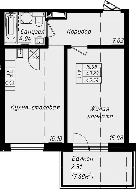 Планировка: 2Е-к.кв · 45,54 м²