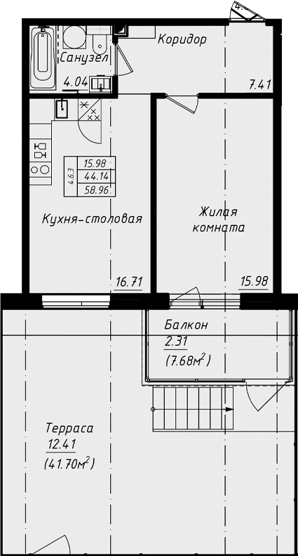 Планировка: 2Е-к.кв · 58,96 м²