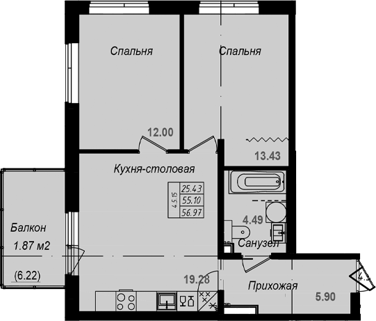Планировка: 3Е-к.кв · 56,97 м²