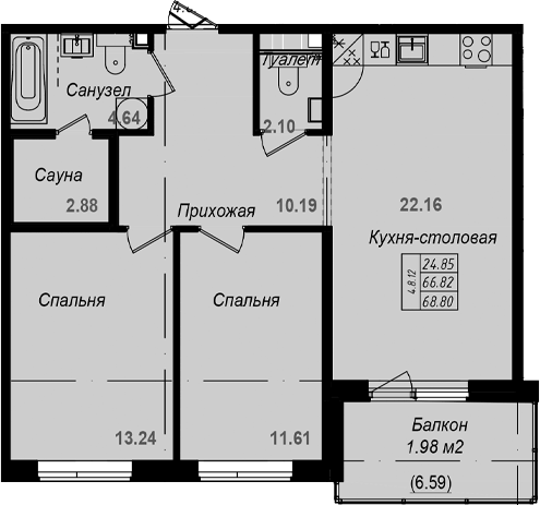 Планировка: 3Е-к.кв · 68,8 м²