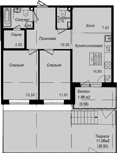 Планировка: 3Е-к.кв · 80,25 м²