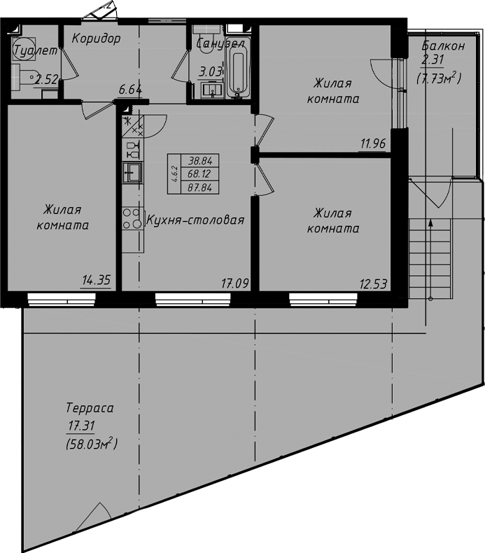 Планировка: 4Е-к.кв · 87,84 м²