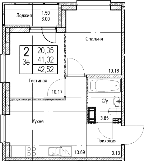 Планировка: 3Е-к.кв · 42,52 м²