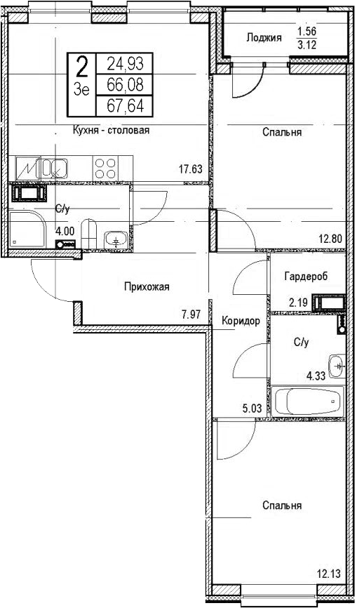 Планировка: 3Е-к.кв · 67,64 м²