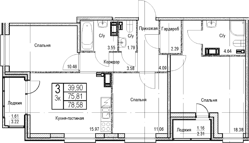 Планировка: 3 комнаты · 78,58 м²