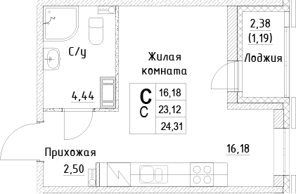 Планировка: Студия · 24,31 м²