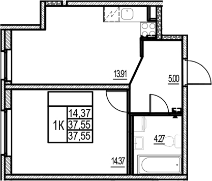 Планировка: 1 комната · 37,55 м²