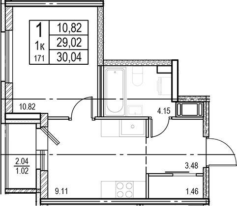Планировка: 1 комната · 30,04 м²