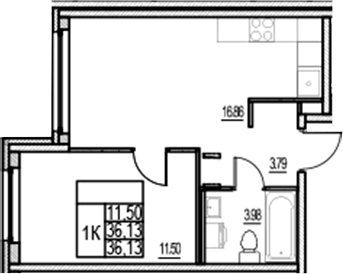 Планировка: 2Е-к.кв · 36,13 м²
