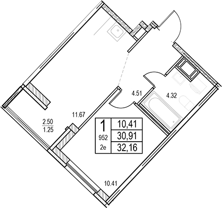 Планировка: 2Е-к.кв · 32,16 м²