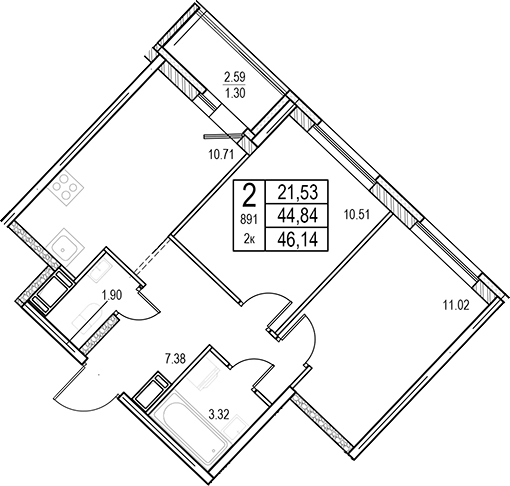 Планировка: 2 комнаты · 46,14 м²