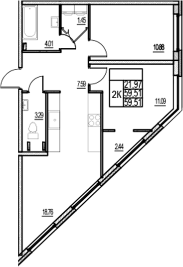 Планировка: 3Е-к.кв · 59,51 м²