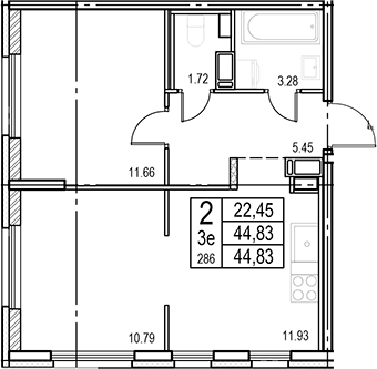 Планировка: 3Е-к.кв · 44,83 м²