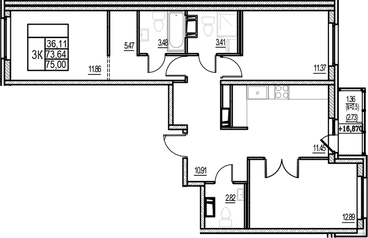 Планировка: 3 комнаты · 75,02 м²