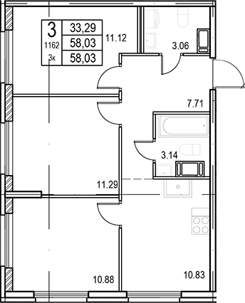 Планировка: 3 комнаты · 58,03 м²