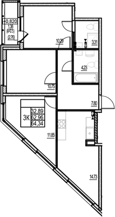 Планировка: 4Е-к.кв · 64,34 м²