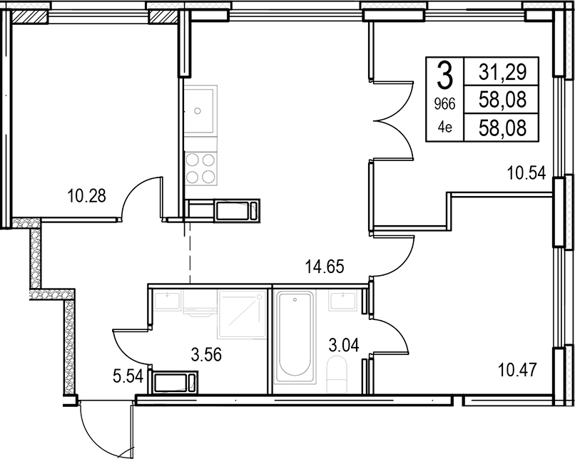 Планировка: 4Е-к.кв · 58,08 м²