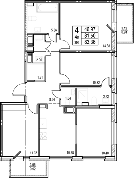 Планировка: 4+ комнаты · 83,36 м²
