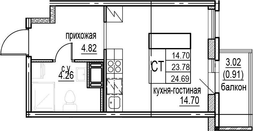 Планировка: Студия · 24,69 м²