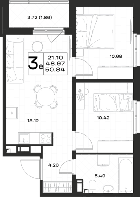 Планировка: 3Е-к.кв · 50,83 м²
