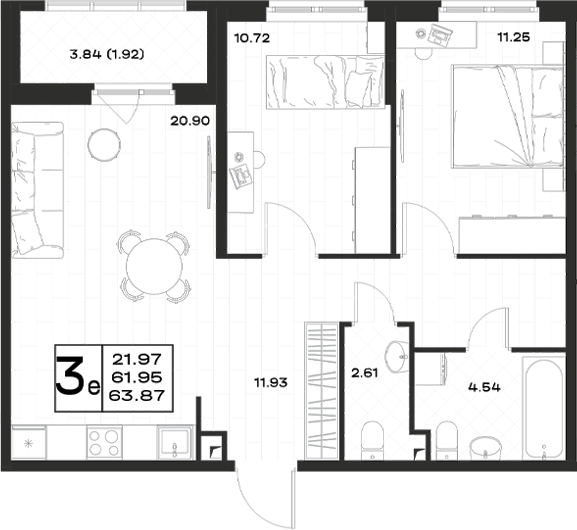 Планировка: 3Е-к.кв · 63,87 м²