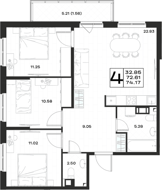 Планировка: 4Е-к.кв · 74,17 м²