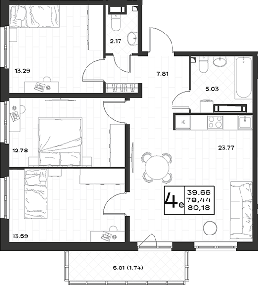 Планировка: 4Е-к.кв · 80,18 м²