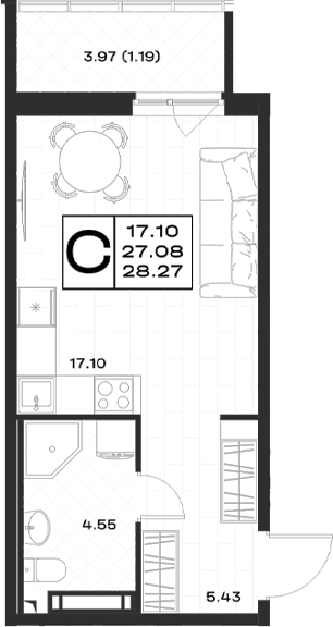 Планировка: Студия · 28,27 м²