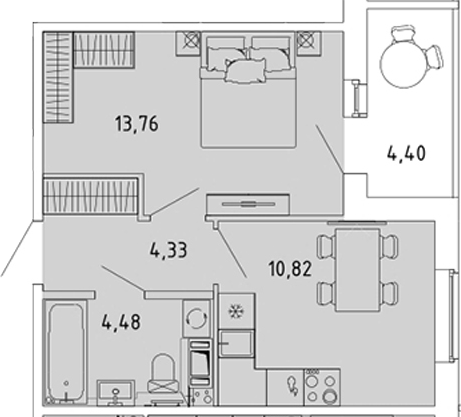 Планировка: 1 комната · 35,59 м²