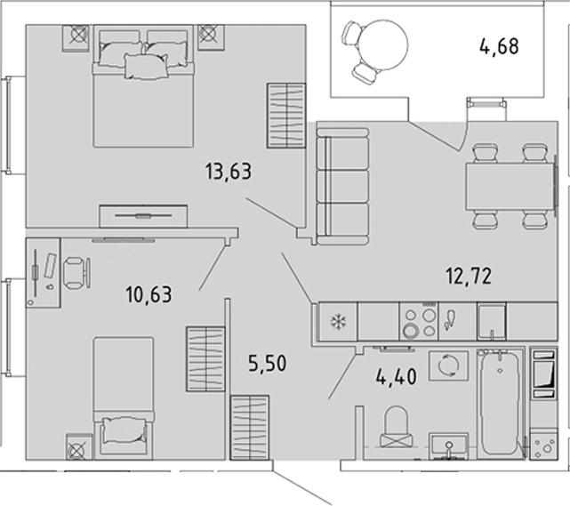 Планировка: 2 комнаты · 49,22 м²