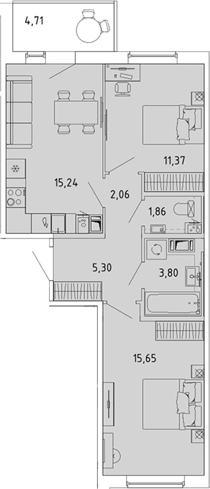 Планировка: 3Е-к.кв · 57,64 м²
