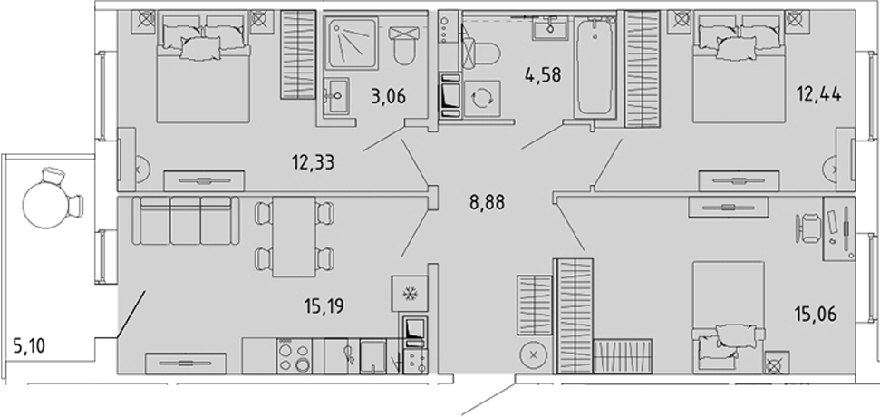 Планировка: 4Е-к.кв · 74,09 м²