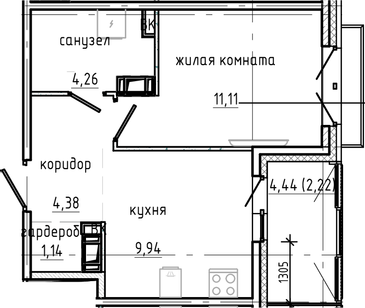Планировка: 1 комната · 33,05 м²