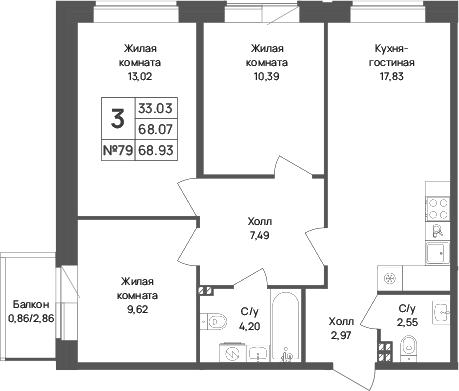 Планировка: 4Е-к.кв · 68,93 м²