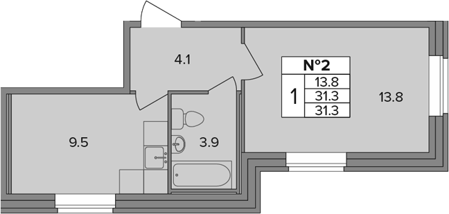 Планировка: 1 комната · 31,3 м²