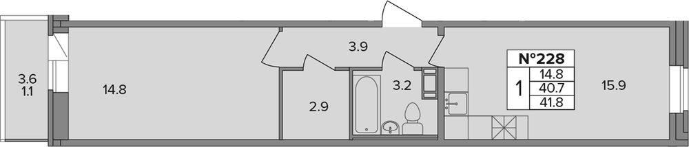 Планировка: 1 комната · 41,8 м²