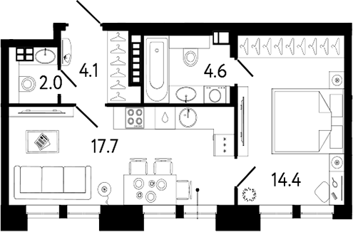 Планировка: 2Е-к.кв · 42,8 м²