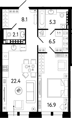Планировка: 2Е-к.кв · 61,3 м²