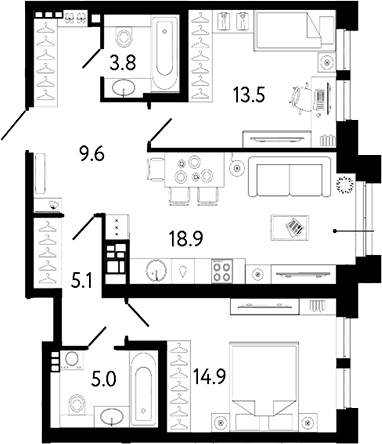 Планировка: 3Е-к.кв · 70,8 м²