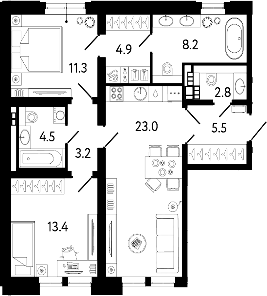 Планировка: 3Е-к.кв · 76,8 м²