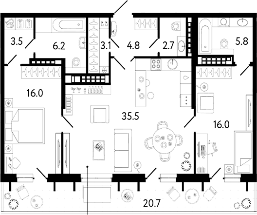 Планировка: 3Е-к.кв · 103,95 м²