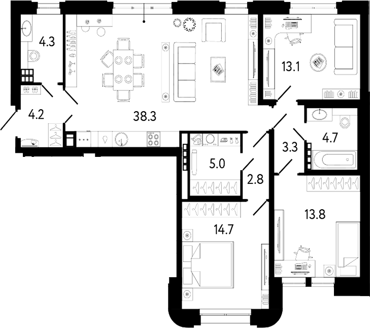 Планировка: 4Е-к.кв · 104,2 м²