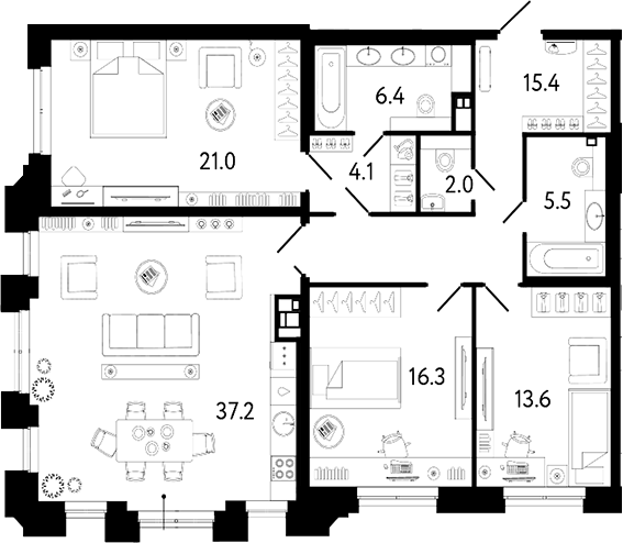Планировка: 4Е-к.кв · 121,5 м²