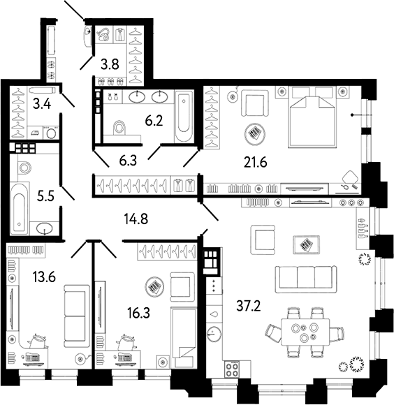 Планировка: 4Е-к.кв · 128,7 м²