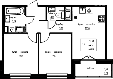 Планировка: 3Е-к.кв · 45,83 м²