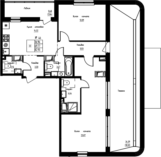 Планировка: 3Е-к.кв · 82,93 м²