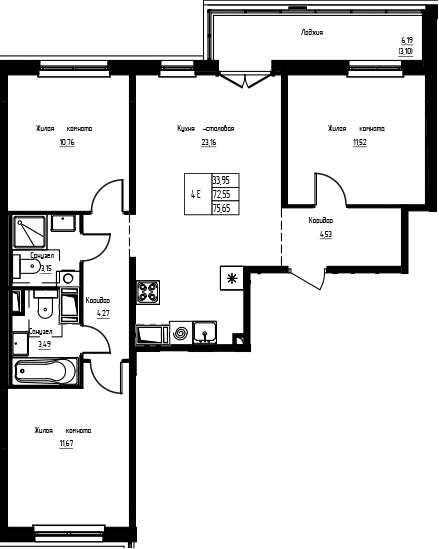 Планировка: 4Е-к.кв · 75,65 м²