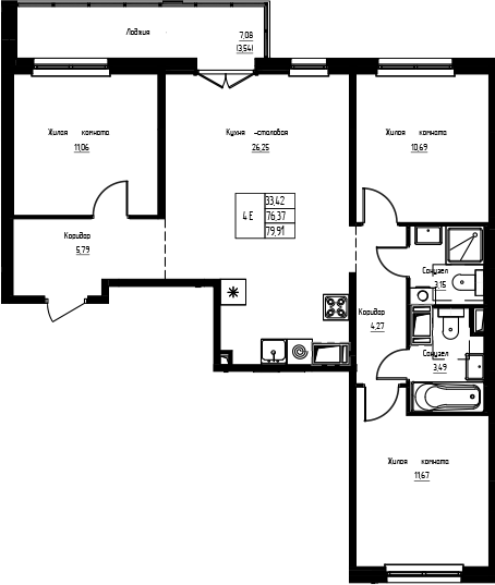 Планировка: 4Е-к.кв · 79,91 м²