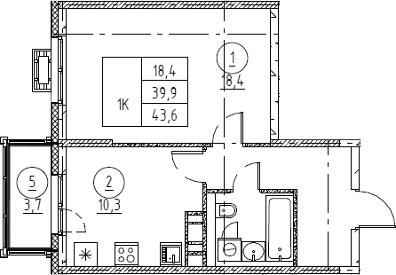 Планировка: 1 комната · 43,5 м²