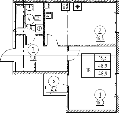 Планировка: 2Е-к.кв · 46,7 м²